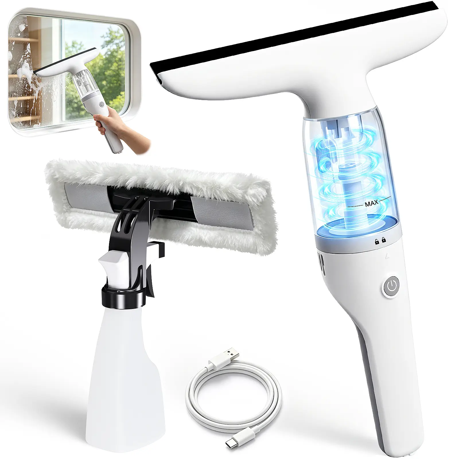 Cordless Electric Window Vacuum Cleaner with 2 Squeegees, Rechargeable for Windows, Tiles, Glass