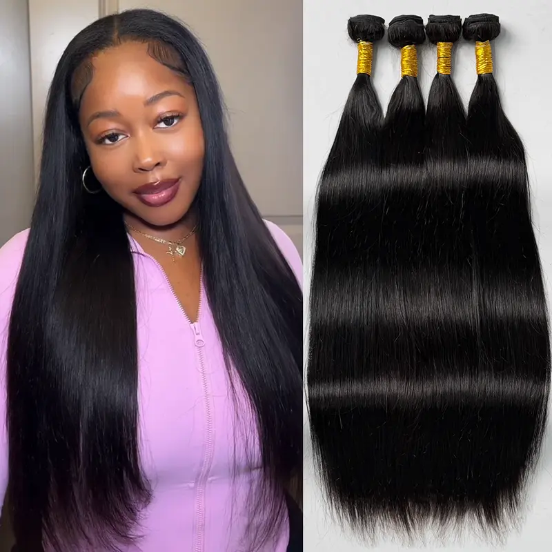 Ramiss 12A Virgin Brazilian Silky Straight Female Human Hair Set - 100% Real Hair Extensions, Bundles with 2x6/4x4 Lace Closure for Quick Weave/Sew-in