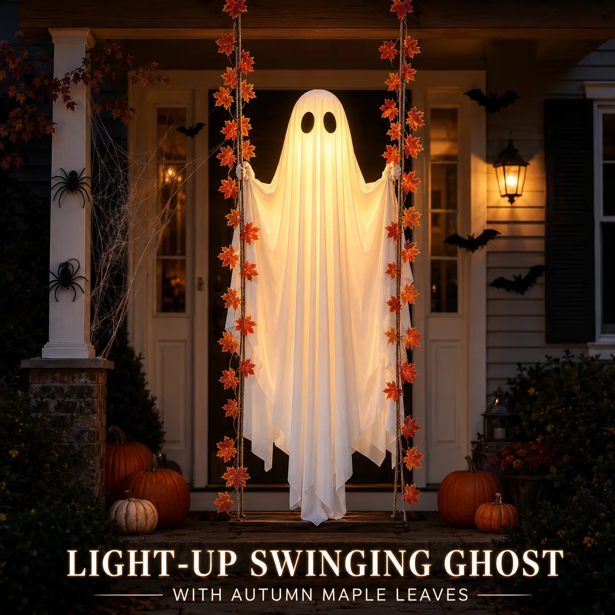LED Light-Up Swinging Ghost Halloween Decoration with Maple Leaf Garland & Remote Control, Hanging Outdoor Decor for Yd, Porch & Party