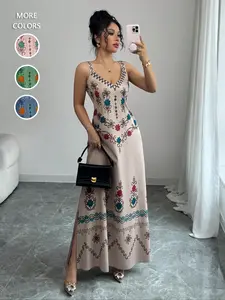 Women's Fashion Casual Comfy Chic Ethnic Style V Neck Sleeveless Long Dress, Loose-Fit Thin Woven Fabric, Perfect for All Seasons
