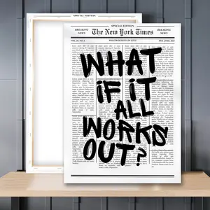 1pc Wooden Framed, What If It All Works Out Poster, Retro Newspaper Motivational Wall Art Canvas Painting, Aesthetic Typography Quote Art Poster Print Wall Pictures, Ideal For Bedroom, Office, Living Room, Home Decor