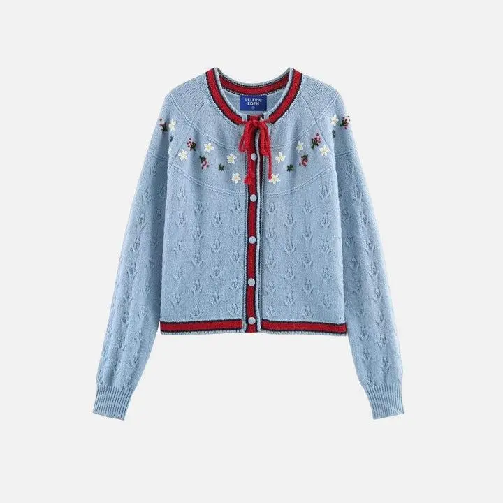 Aelfric Eden Floral Embroidery Cardigan Bow Tie Contrast Trim Crew Neck Relaxed Fit Soft Knit Sweater Vintage Cottagecore Casual Streetwear for Women