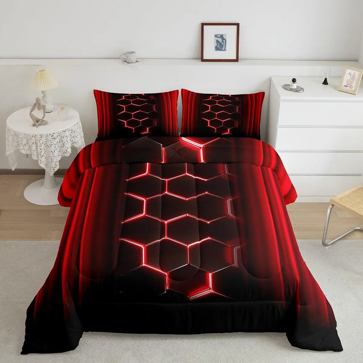 Feelyou Abstract Ombre 3D Geometric Duvet Set - Breathable Microfiber Bedding Set with Red and Black Honeycomb Design for Modern Room Decor, Breathable Duvet Set