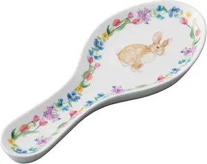 Floral Bunny Melamine Spoon Rest, Cooking Spoon Holder for Stove Top, Kitchen Counter, and Dining Table, 9.625 Inch