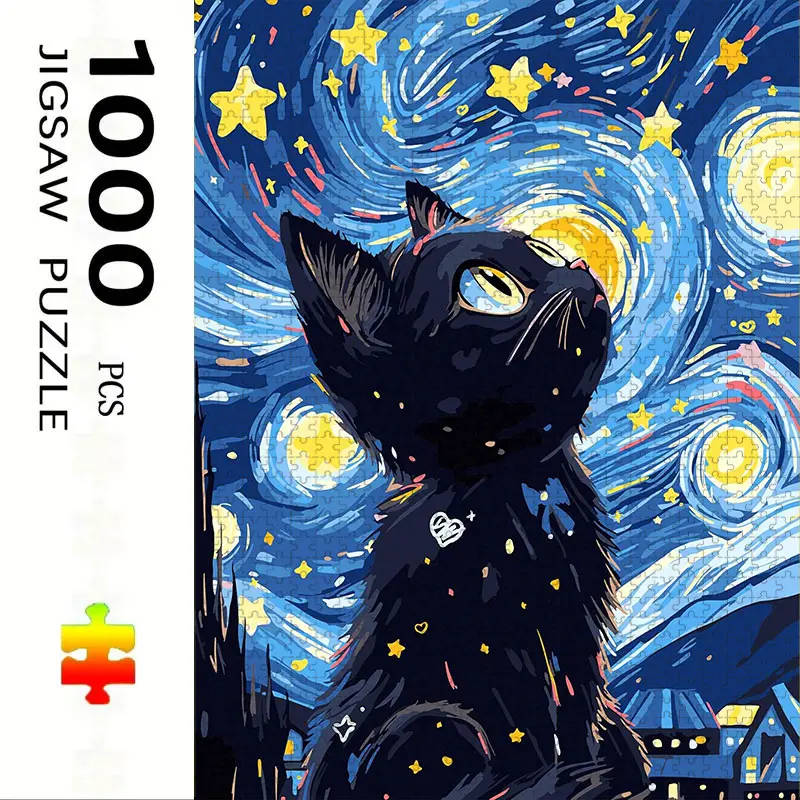 1000 Piece Starry Night & Cartoon Cat Creative Puzzle Game, Large Adult Family Interactive Toy, DIY Home Decor Brain Challenge, Holiday Scene, Perfect Gift