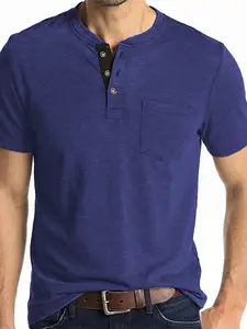 Men's Solid Short-Sleeve Button Henley Shirt, Regular Comfort Fit, New Stylish Henley Neck with Pocket, Summer Daily Wear, Outdoor Sporty Old Money Top, Classic Versatile Inner/Outer, Today's Clearance, Focus Item, Essential for Man's Wardrobe, Casual