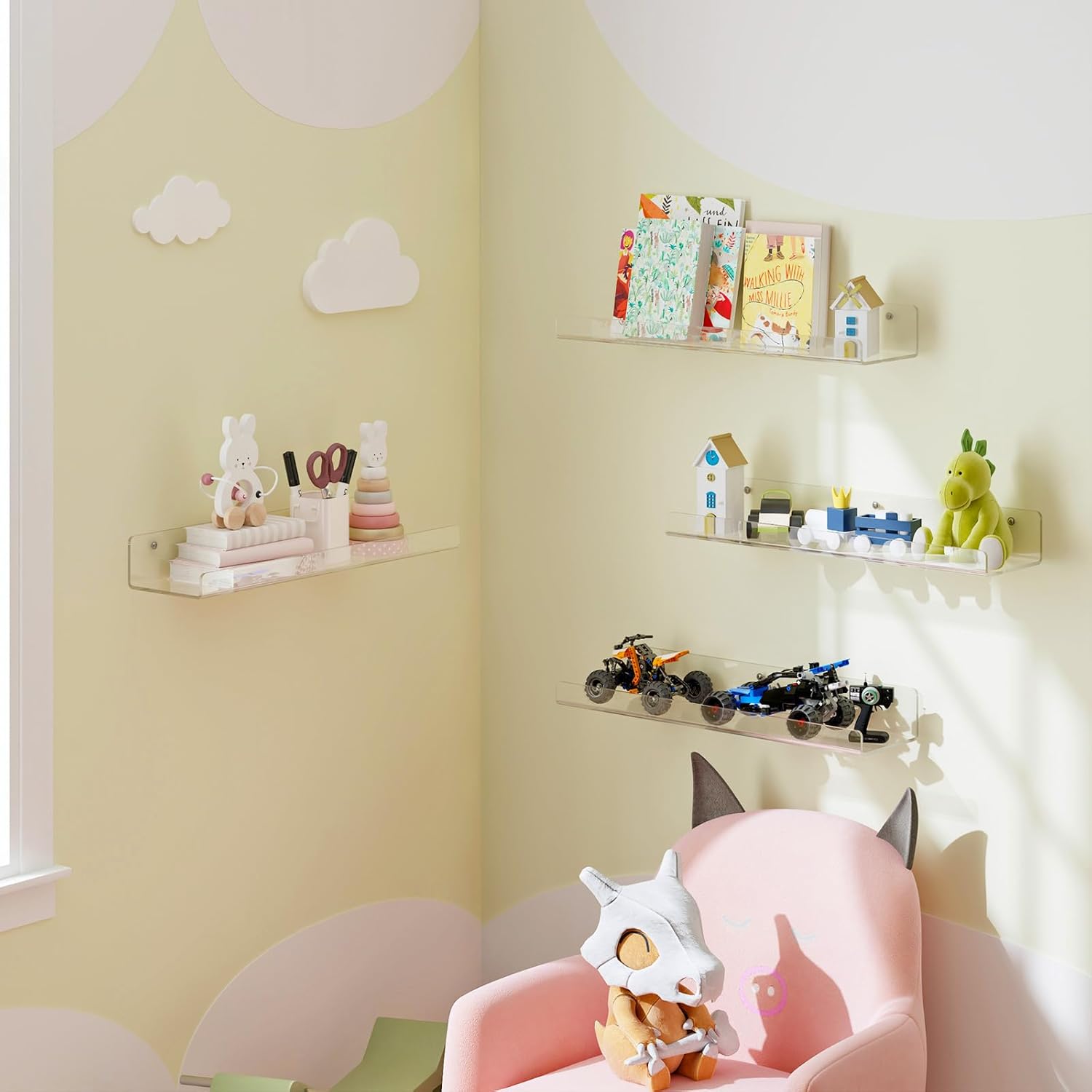 4 Pack Floating Shelves for Wall 15” Clear Acrylic Wall Shelf, Invisible Book Shelves, Wall Display Organizer, Home Decor Gift for Bedroom, Bathroom, Kitchen