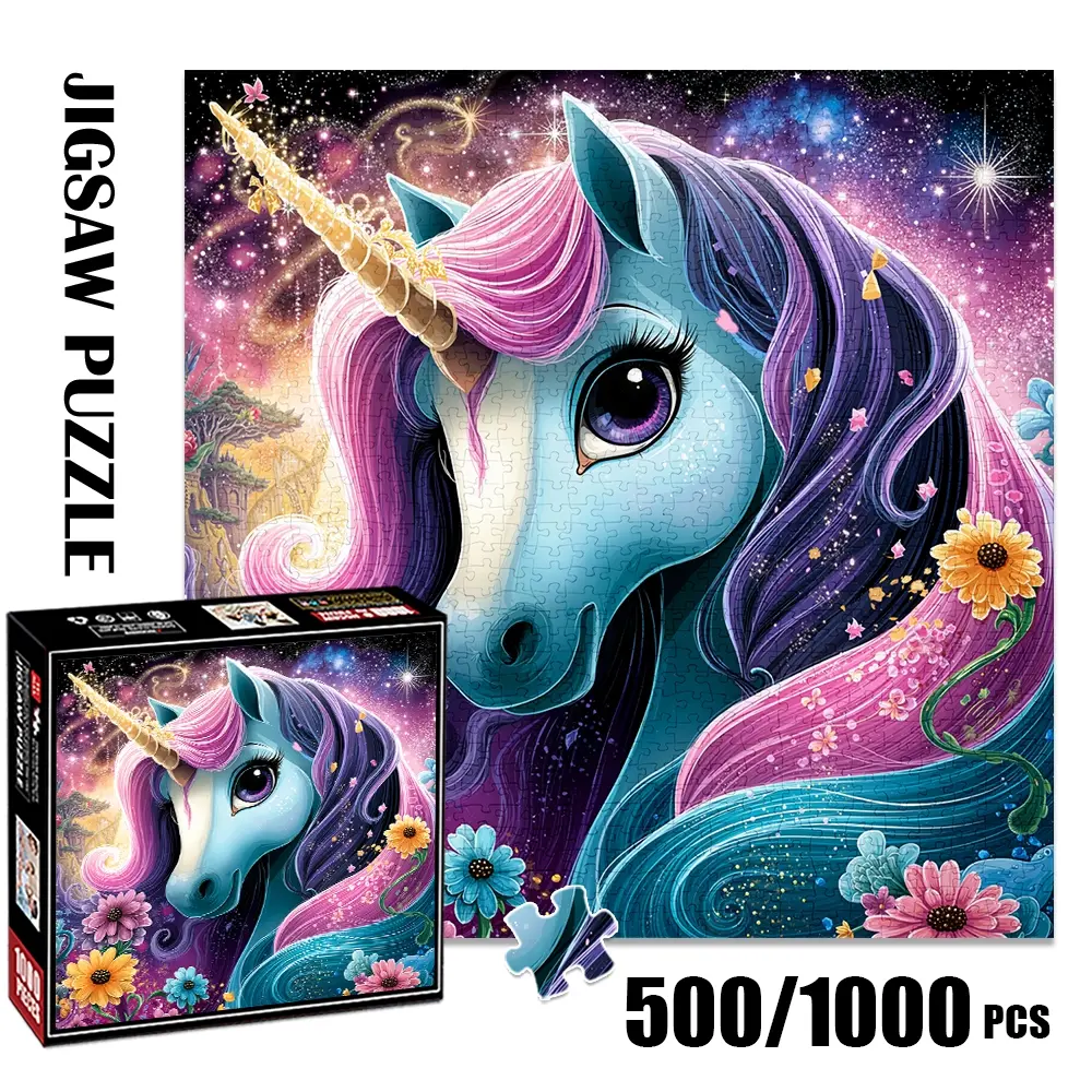 1pc 1000 piece adult puzzle 58x58cm Fantasy Unicorn with Starry Background and Flowers 500 pieces of paper puzzle, suitable for adults and families, large-scale DIY puzzle interactive toy games, bi