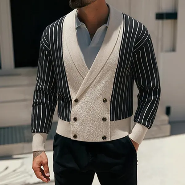 Men's Retro Double-Breasted Striped Cardigan Sweater - Elegant Shawl Collar, Ribbed, Fitted Knit Outerwear with Breathable Fabric, Buttons for Casual Office Layering - Menswear Outfits, Stylish Sleeves