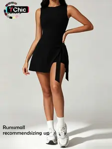 Anti-Exposure Slim Fit Sport Dress, Tie Front Wrap Design, Sleeveless Soft Fabric, Ideal for Yoga and Tennis, All Seasons Wear