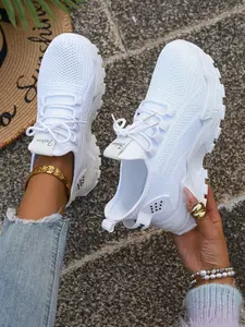 Women's FA Chunky Sole Knit Sneakers – Lightweight & Slip-Resistant, Ultra Comfortable for Walking & Travel, Trendy White Athletic Shoes for Teens, Students & Young Adults – Perfect for School, Shopping & Casual Outings, Non Slip Sneakers