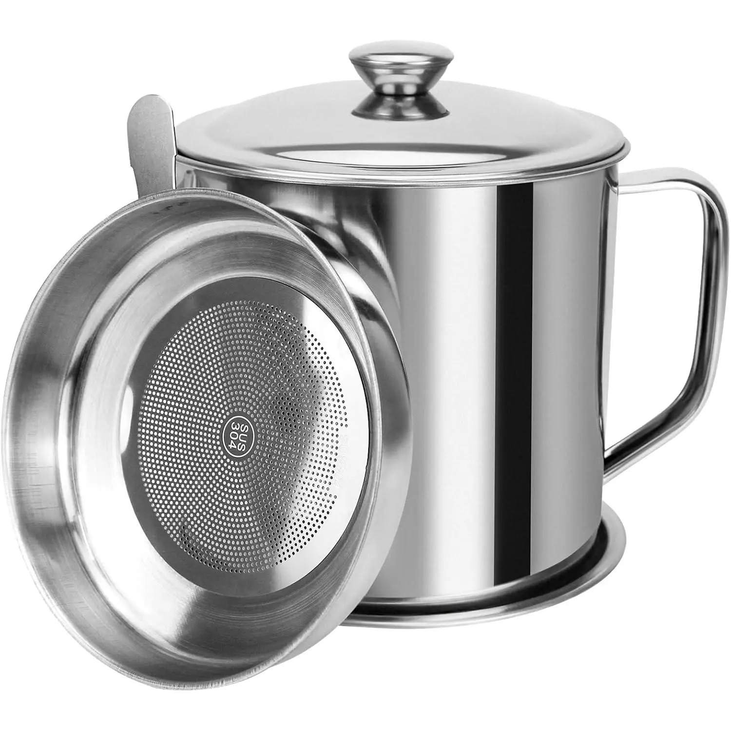 304 SS Bacon Grease Dispenser Container - Regular Size, Curved Handle, Stainless Steel Oil Can with Strainer, Anti-Slip Coaster Tray for Keto, Paleo Diet Meat Frying Oil Storage