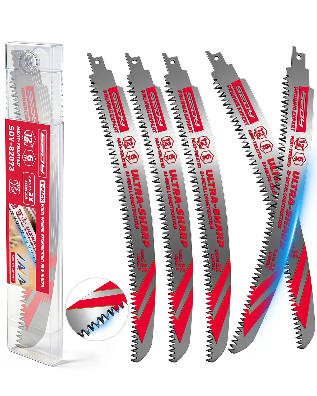 Japanese Teeth Reciprocating Saw Blades, 12 or 15 Inch, 6TPI Arc Edge Wood Pruning Saw Blades Set with Storage Box for Tree Trimming, Wood Cutting, 5 Pack High Quality Steel Tool