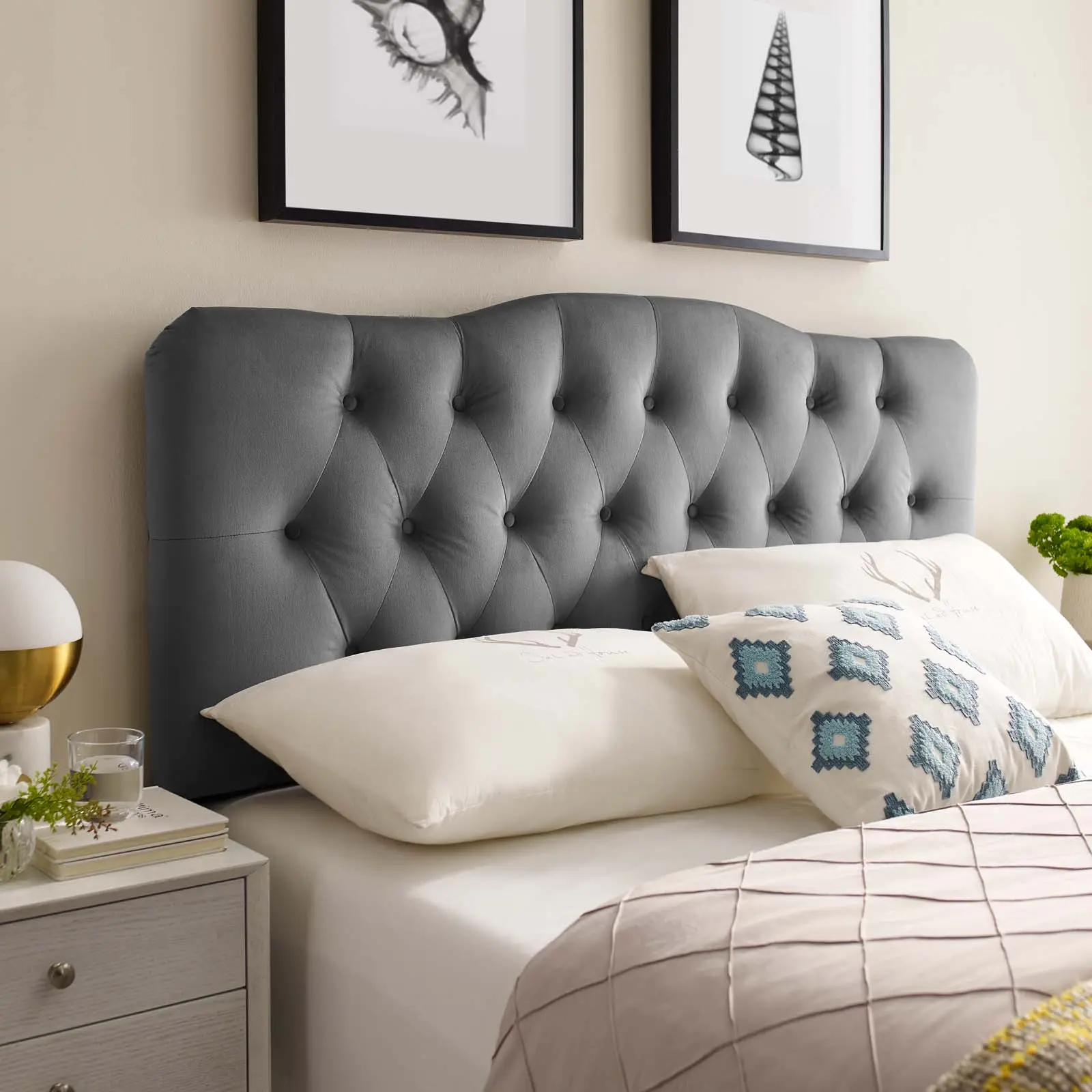 Modway Annabel Queen Diamond-Tufted Plush Performance Velvet Headboard - Curved Silhouette, Adjustable, Glamour Gray Indoor Furniture Headboard