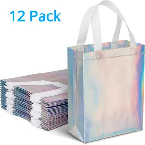 12pcs Reusable Rainbow Holographic Gift Bags with White Handles Waterproof Non-Woven Fabric Tote Bags for Party Favors Mother's Day Easter Bridesmaids Christmas Presents - Birthday Set