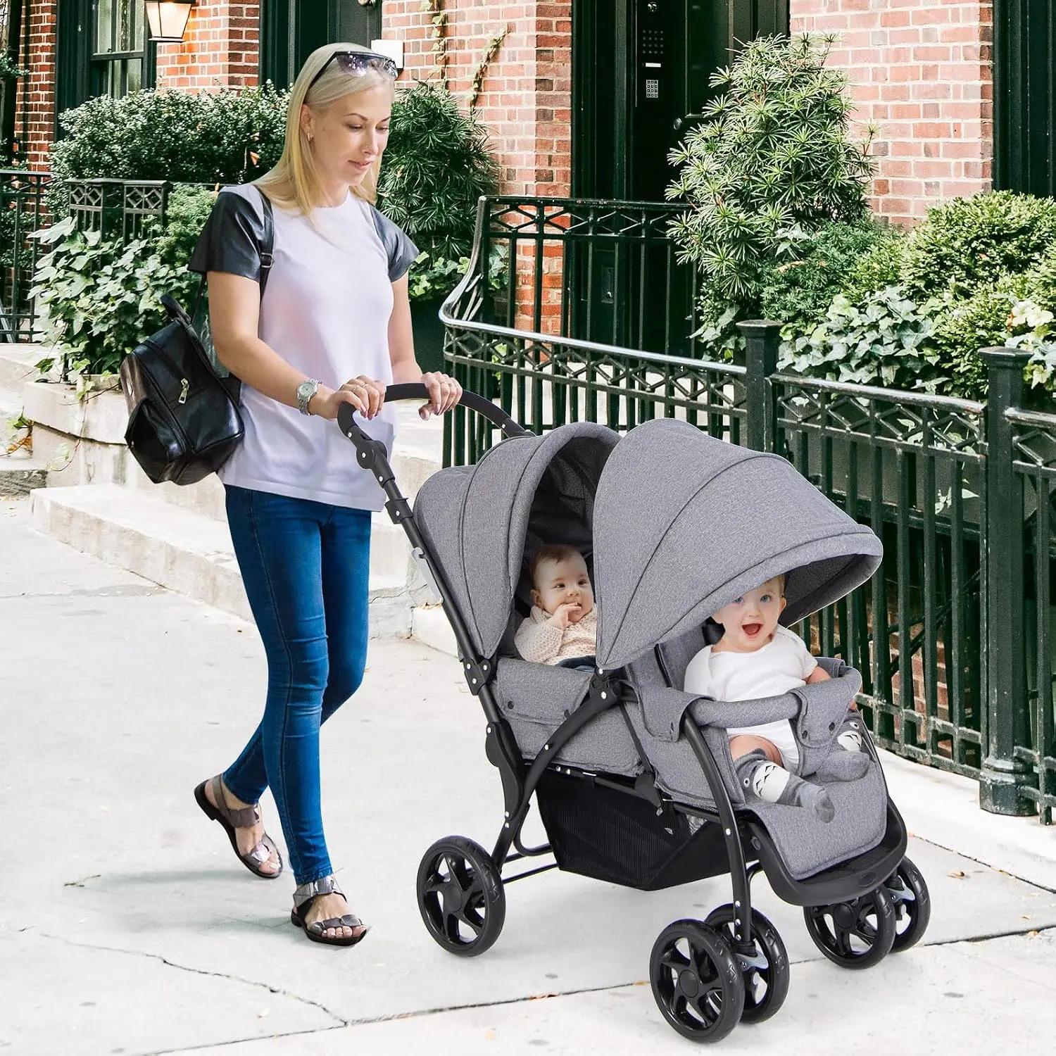 Costzon Foldable Twin Stroller, Double Baby Stroller w/Multi-Level Backrest, Canopy, Handle & Footrest, Safety Belt & Brake System, Travel Tandem Seating Stroller w/Lockable Wheels Gift Season BlackFriday Friends Giving