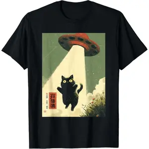 Casual Cotton shortsleeve tees  Vintage Japanese Cat Alien Cat Dad UFO Abduction Graphic Tee T-Shirt