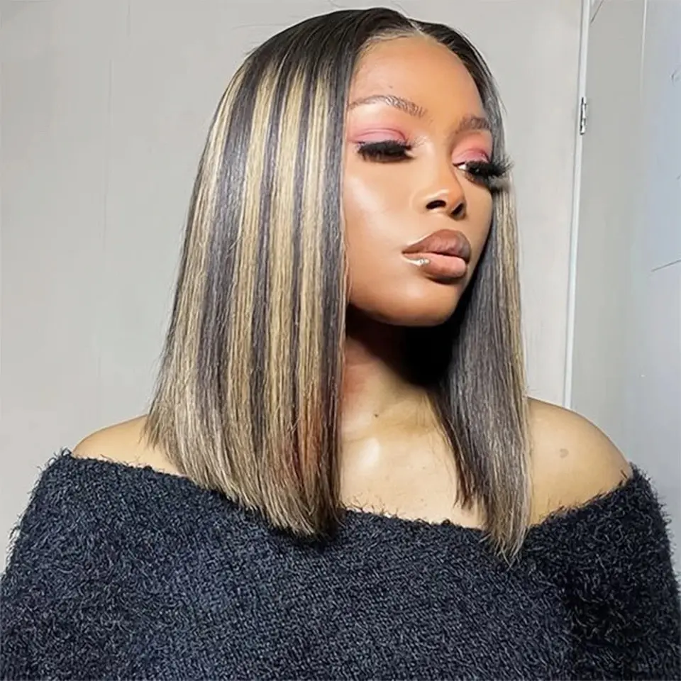 Balayage Blonde 27 Straight Bob Wig 13X4 Full Lace Frontal 180 Density Short Bob 10inch 12inch 14inch Human Hair P1B 27 Highlights Bob Hairstyle Wig