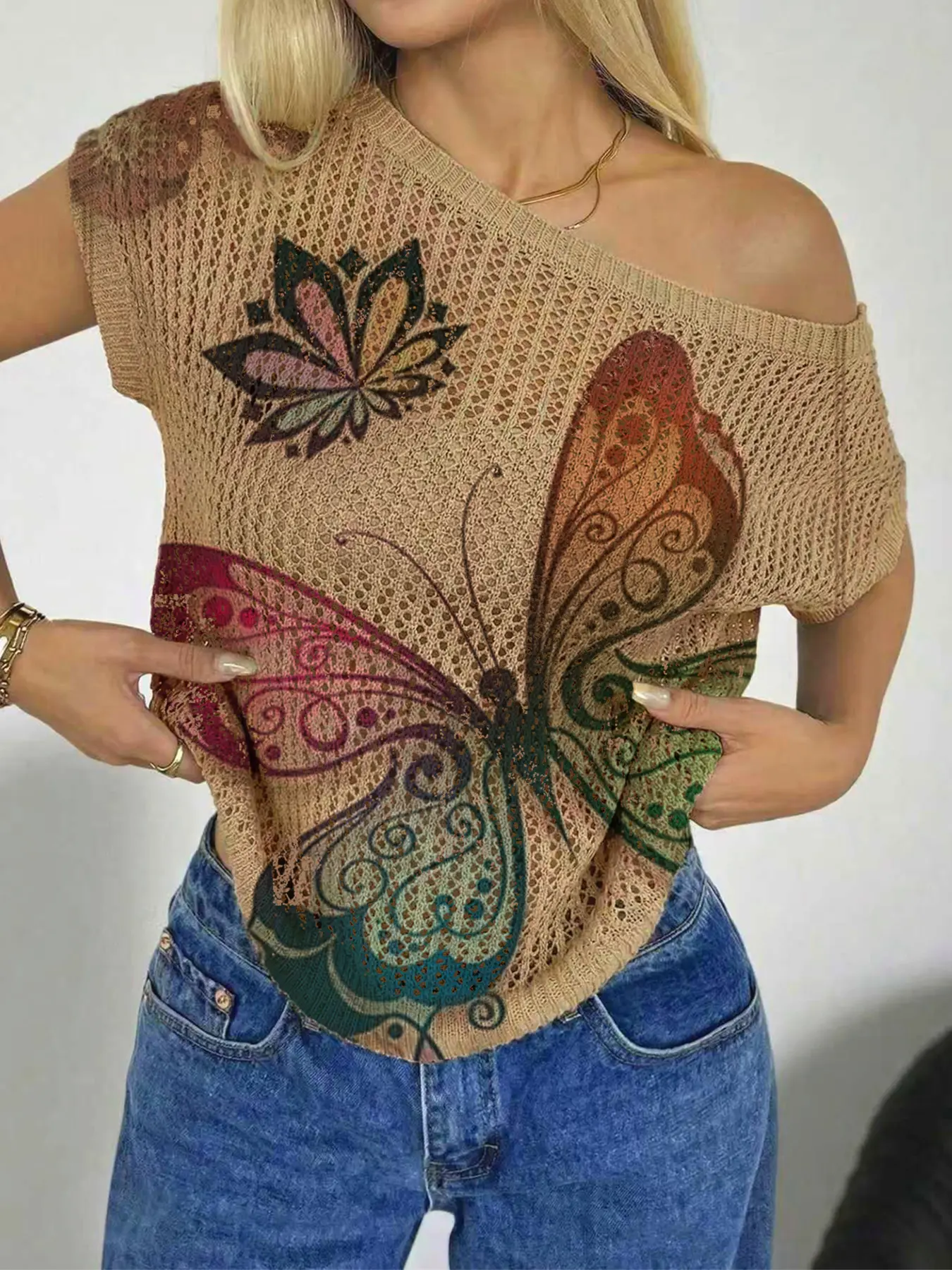 Spring Summer Women's Beach Vacation Style Asymmetrical Neck Off-Shoulder Batwing Sleeve Semi-Sheer Lace, Butterfly Print Knit Top