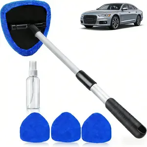 4Pcs Car Window Cleaning Kit, Windshield Cleaner Tool with 39in Car Mirror Squeegee, 4 Reusable Microfiber Pads and Extendable Handle, Blue