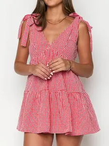 Women's Plaid Print Bow Decor Boho Tie Shoulder Casual Chic Sleeveless Dress, Boho Style Dresses, Casual Fashion Gingham Dress for Daily Holiday Vacation Wear, Ladies Dress for Summer