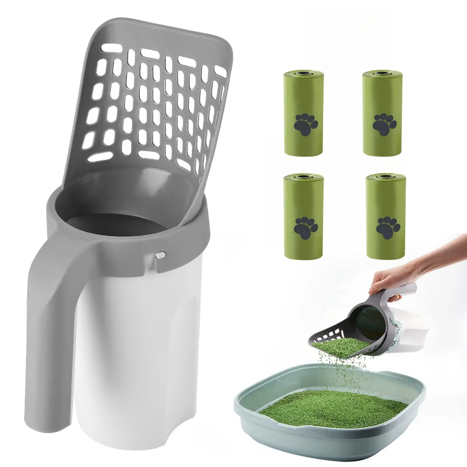 Portable Cat Litter Shovel with 4 Rolls Poop Bags, Cat Litter Scoop with Waste Bags, Durable Pet Waste Cleaning Tool, Litter Box Scooper