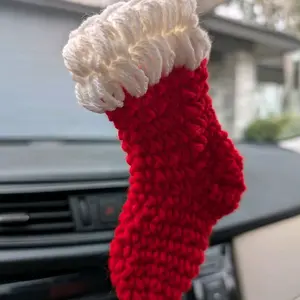Mini Crochet Christmas Stocking Car Charm - Festive Handmade Car Ornament for Holiday Decor