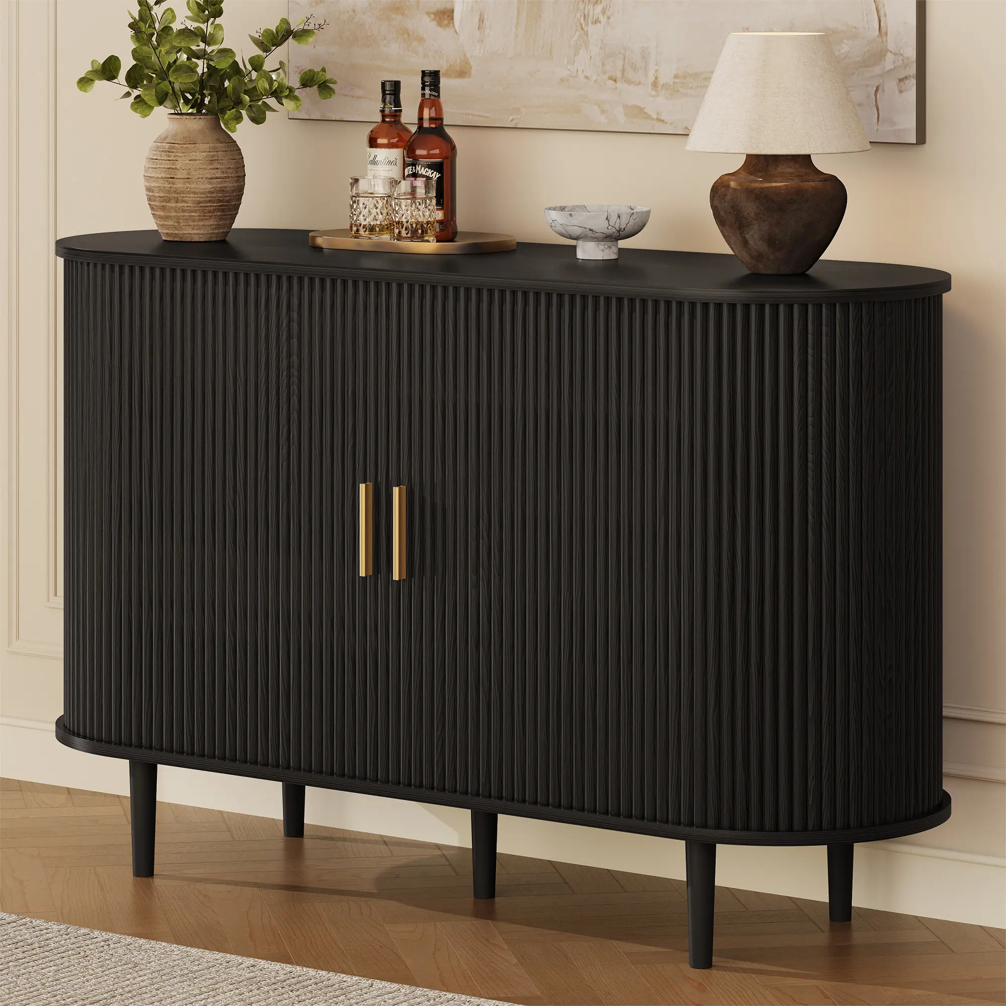 【Fluted Sideboard】DHH 47-Inch Buffet Cabinet with Tambour Doors, Adjustable Shelves and Rounded Corners for Kitchen, Dining Room or Coffee Bar campingessentials