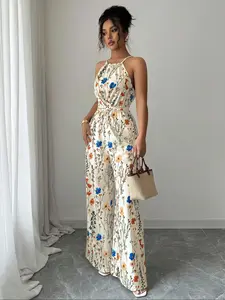 Women's Sleeveless Floral Print Jumpsuit, Boho Style Bohemian Loose-Fitting Long Pants, All over Print, Casual Summer