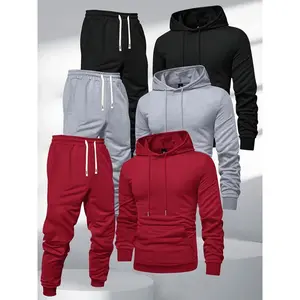 Men’s hooded sweatshirt and sweatpants tracksuit (3 sets), solid color, spring/autumn casual sports suits, lightweight pullover hoodie, regular long sleeves, elastic waistband with drawstring, ribbed cuffs, joggers