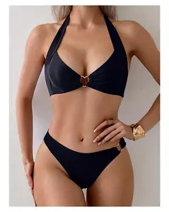 Black Halter Bikini Set for Women  Heart Ring Push Up Two Piece Swimsuit, Solid Color Bathing Suit, Adjustable Tie Sides, Beach Pool Vacation Swimwear