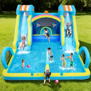 Inflatable Water Slide Bounce House for Kids, 15x12ft Backyard Water Park Bouncy Castle with Double Slides, Splash Pool, Basketball Hoop & Heavy Duty Blower, Outdoor Summer Toy