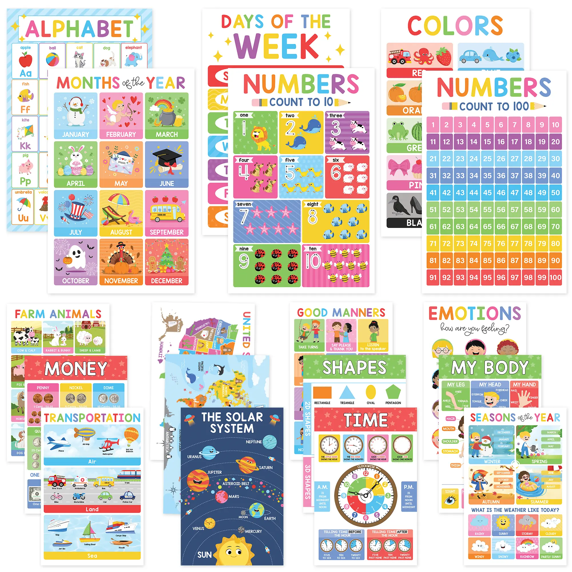 18 Laminated Educational Posters | Learning Charts for Preschool, Toddlers, Kindergarten & Homeschool | Interactive Classroom Decor,  back to school shopping, Teaching Supplies, Study Supplies