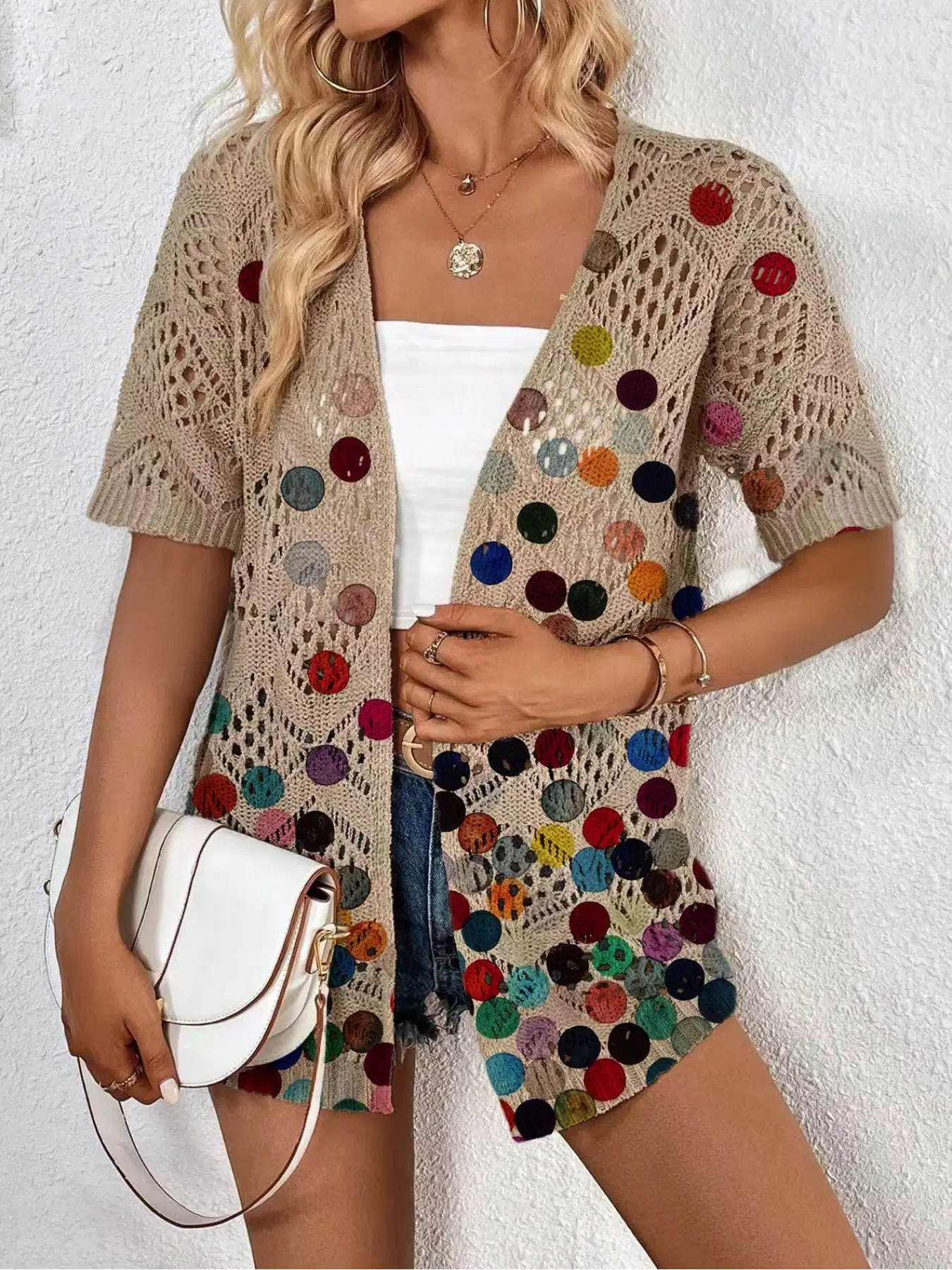 Spring/Summer, elegant commute, vacation seaside bohemian Casual style, contrast color-block polka dot print, short-sleeve women's stretch knitted cardigan, vest cover-up, Knitwear, Womenswear