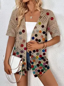Spring/Summer, elegant commute, vacation seaside bohemian Casual style, contrast color-block polka dot print, short-sleeve women's stretch knitted cardigan, vest cover-up, Knitwear, Womenswear