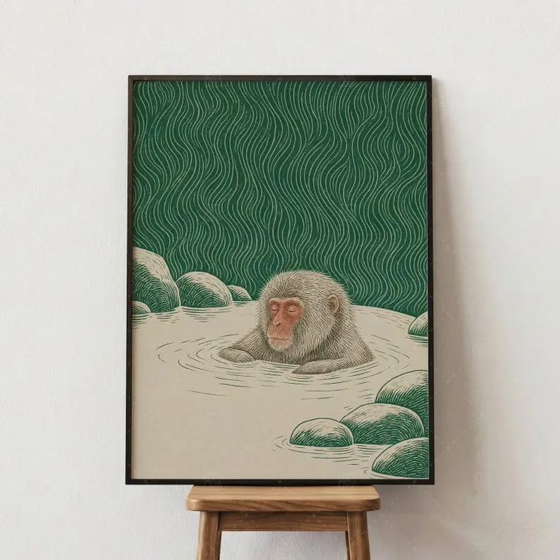 [No Frame] Japanese Snow Monkey Onsen Print, Vintage Woodblock Style Wall Art, Green Macaque Hot Spring Poster
