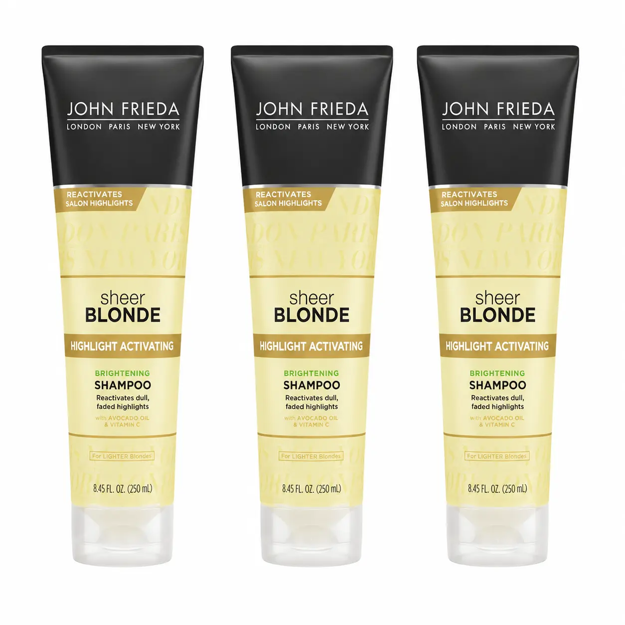 John Frieda Sheer Blonde Highlight Activating Color Enhancing Haircare Shampoo Cleanser, Brightens Natural Blonde Tones with Argan Oil, 8.45 oz (Pack of 3), Unisex for Adults
