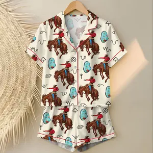 Women s Western Cowboy Cowgirl Horse Riding Pajama Set, Long Sleeve Comfort for Equestrian Style Satin Sleepwear