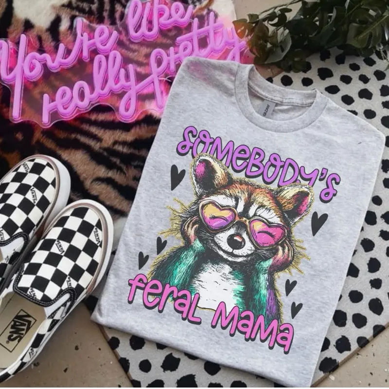 Somebody’s Feral Mama Raccoon Ash Grey T-Shirt - Bleached - Gildan - Unisex