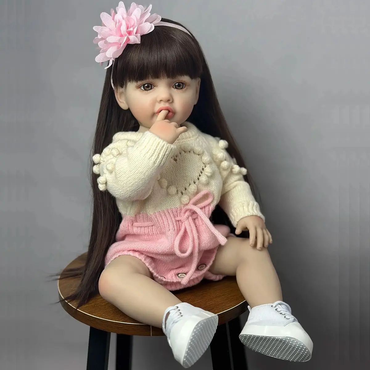Unisex 22-Inch (55cm) Realistic Rebirth Vinyl Doll, Lifelike Design, Soft Brown Hair, Pink Knit Outfit with Accessories, Comfortable for Bathing, Ideal Birthday Gift