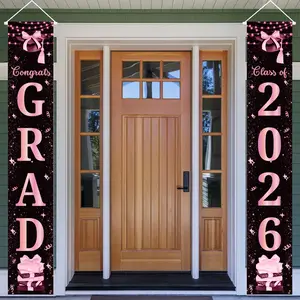 2D flat banner 1pcsCongrats Grad Class of 2026 Porch Banner Outdoor Banners Coquette Graduation Decorations Congratulations Banner Blush Graduation Door Sign 2026 Graduate Party Decor Props Outdoor Door Portrait Photography Studio Professional Backdrops