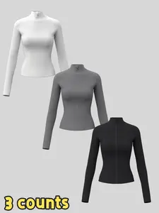 Women's Solid Lightweight Zip Up Sports Jacket, Sporty Thumb Hole Long Sleeve Outerwear for Gym Workout Running, Ladies Modern and Comfortable Sportswear for All Seasons