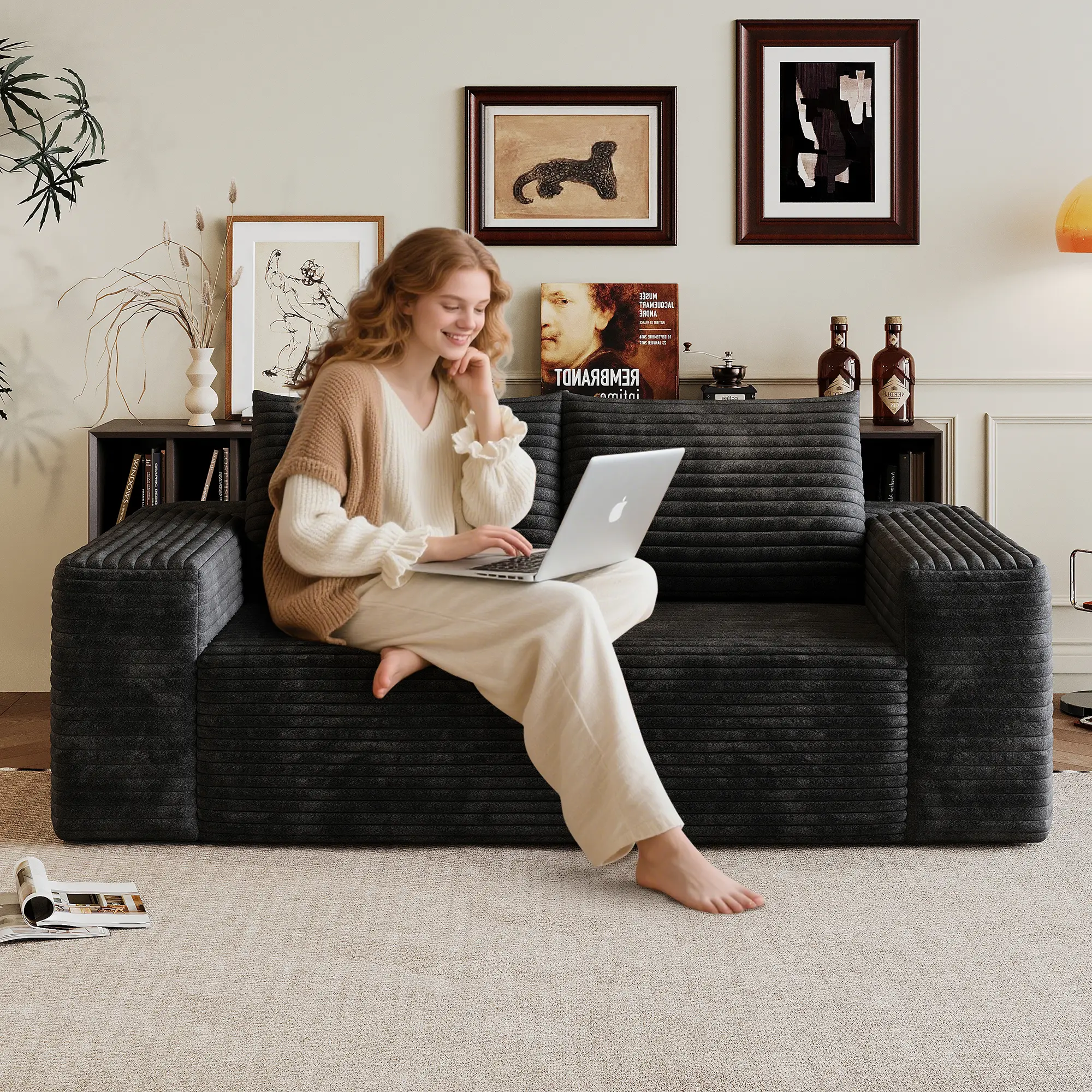 63" Cloud Loveseat Sofa Couch, Modern Corduroy Boneless Couch with Deep Seat Memory Foam, Comfy 2 Seater Foam Floor Couches for Living Room Bedroom Apartment, No Assembly Required (Black, 63"+2 Seaters)