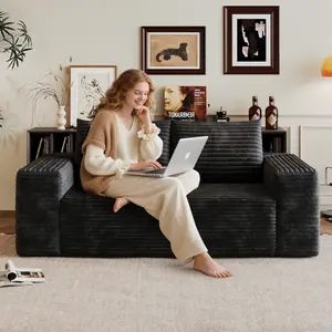 63" Cloud Loveseat Sofa Couch, Modern Corduroy Boneless Couch with Deep Seat Memory Foam, Comfy 2 Seater Foam Floor Couches for Living Room Bedroom Apartment, No Assembly Required (Black, 63"+2 Seaters)