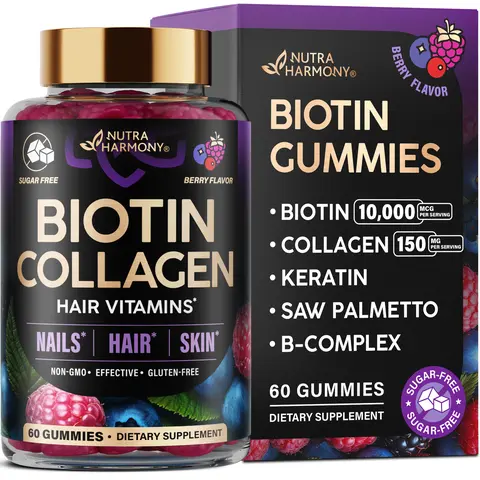 NUTRAHARMONY Biotin Gummies Sugar-Free with Collagen for Hair Growth Support Skin, & Nail Strength for Women & Men. Biotin 10000mcg, Keratin, Hyaluronic Acid, B-Complex, Saw Palmetto. 60 Gummies Antioxidant Rich Supplement