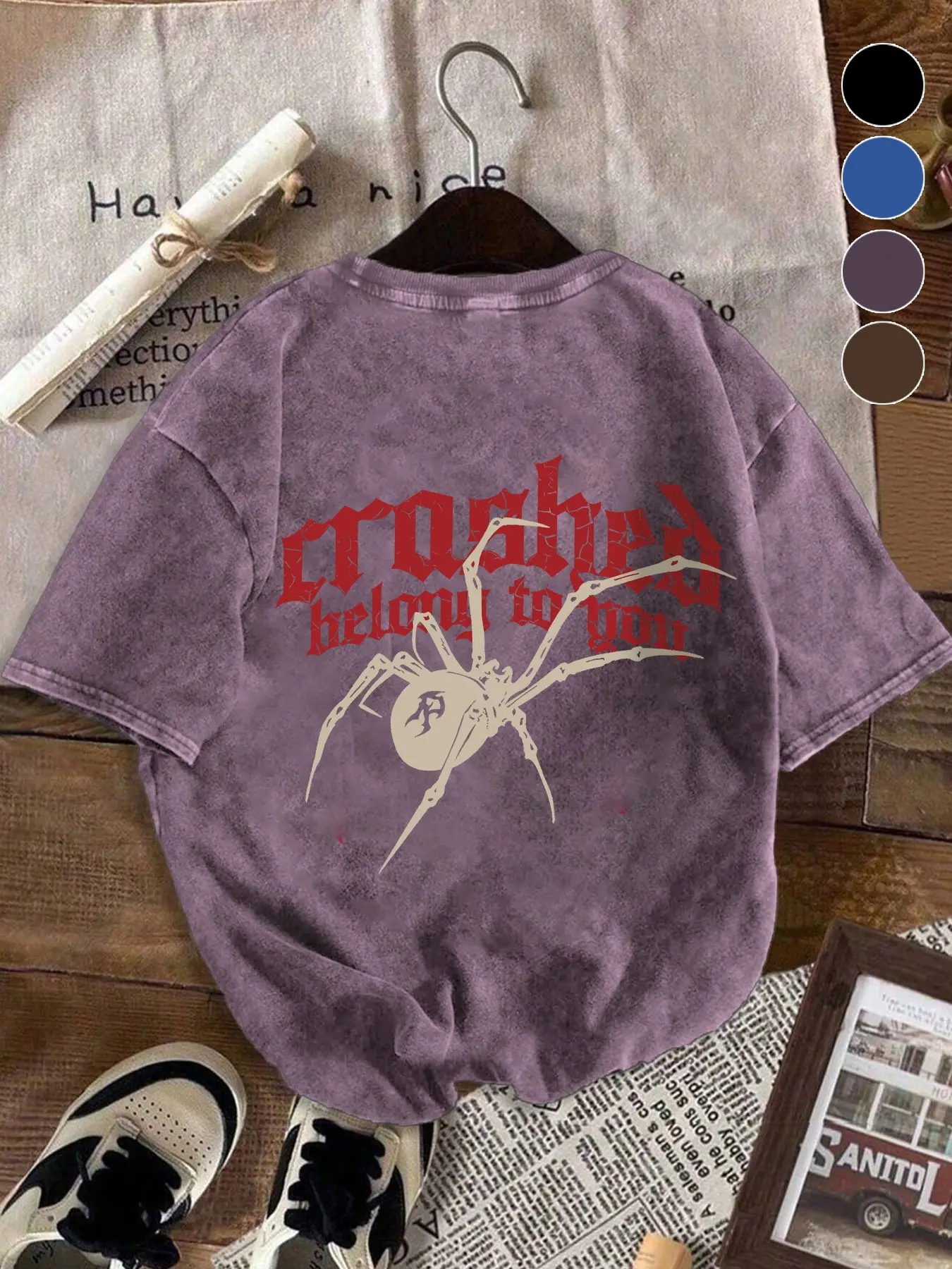 Y2K Style Spider Print Graphic Vintage Wash Loose Crewneck T-Shirt, Crashed Belong to You Slogan, Pure Cotton, Summer City Street Casual Style, Streetwear, Fashion, Top, Casual Cotton Tee