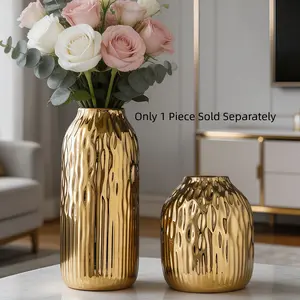 Shiny Electroplated Ceramic Vase, Hammered Texture Cylinder, Luxury Home Decor for Arabic Majlis, Modern Elegant Accent