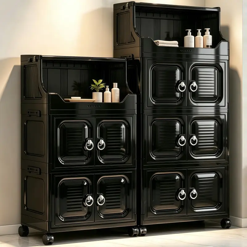 Foldable Large Capacity Storage Cart With Lockable Wheels Semi-Open Top Shelf Modular Storage Cabinet With Magnetic Door Mobile Gap Organizer, Multi-Purpose Snack Storage Container Easy Assembly Space Saving Organizer For Kitchen Bedroom Laundry Room