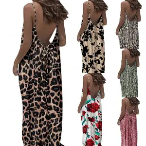 2026 Women's Nightdress Printed Halter Neck Backless Loose Nightgown Casual Homewear in Leopard Print