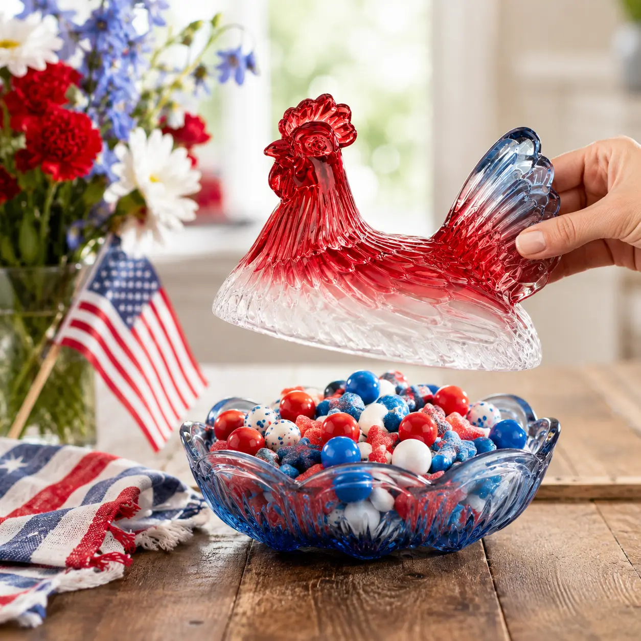 Patriotic Irregular Design Colored Glass Chicken Candy Jar with Lid - 4th of July Casual Candy Kitchen Storage Bottles & Jars, Farmhouse Decorative Cookie Container, Independence Day Kitchen Gift